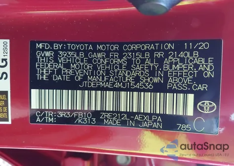 2021 Toyota Corolla Le z USA, uszkodzony, nr VIN JTDEPMAE4MJ154536